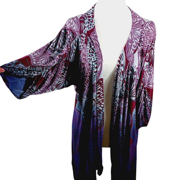 One World, Large, Butterfly Print Wrap, Ruched Sleeves, Blue/Purple/Maroon, Boho - Picture 6 of 16
